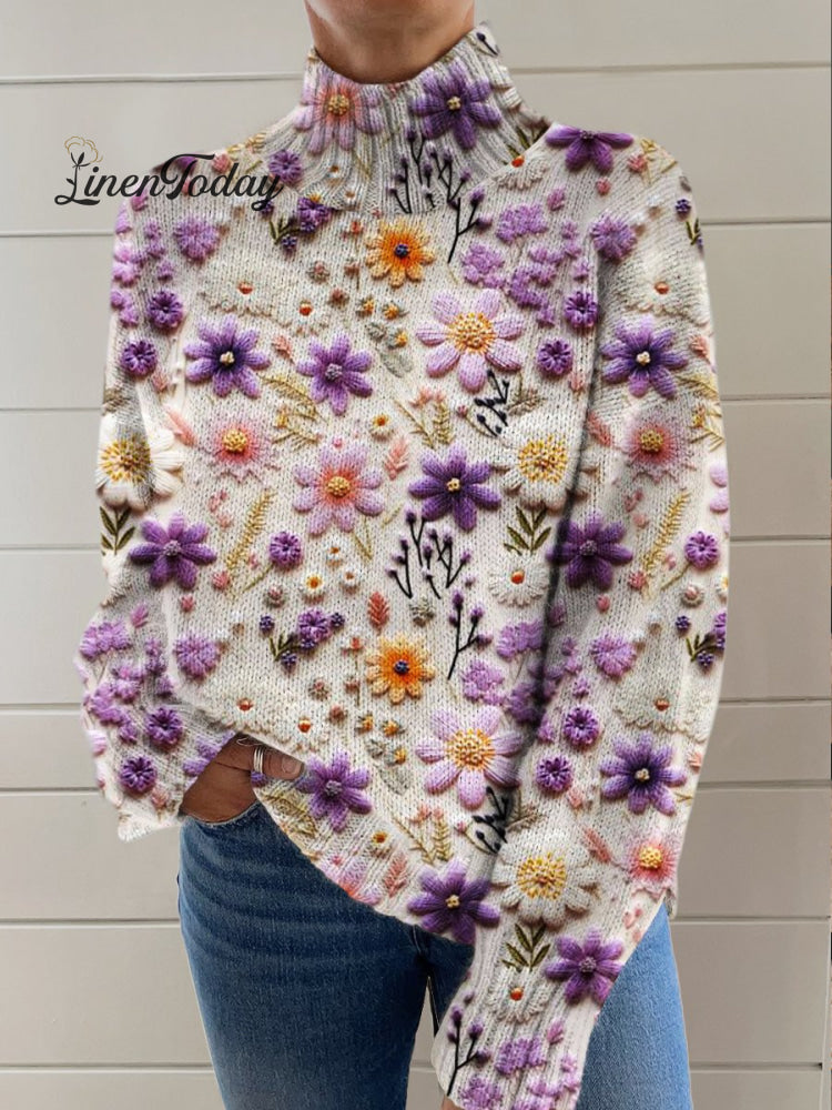 Purple Three-Dimensional Florets Print Knit Turtleneck Pullover Sweater Multicolor / S