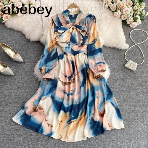Puff Sleeve Spring Autumn Chic Floral Dress Women Casual Bow Stand Collar High Wasit Long Sleeve Winter Elegant Dress 2023 New