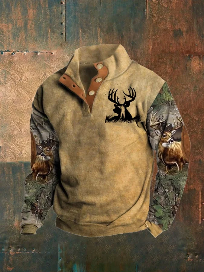 Men'S Deer Print Button Casual Sweatshirt
