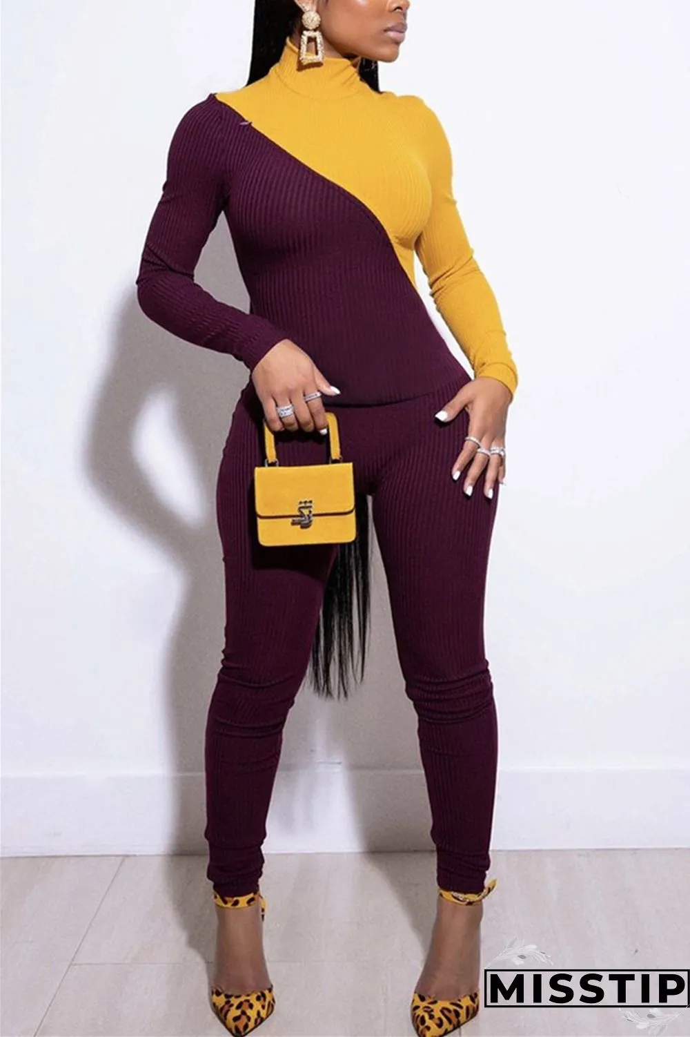 Orange Sexy contrast color pencil Long Sleeve Two Pieces
