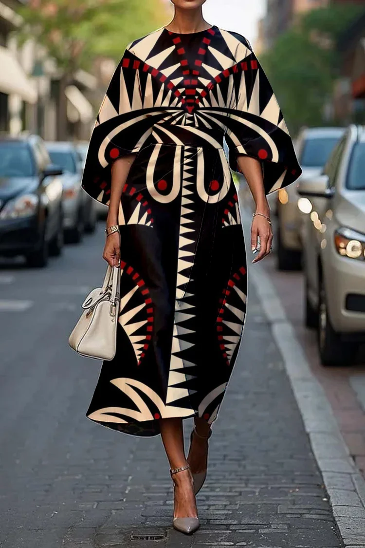 Women's Elegant Art Print Midi Dress