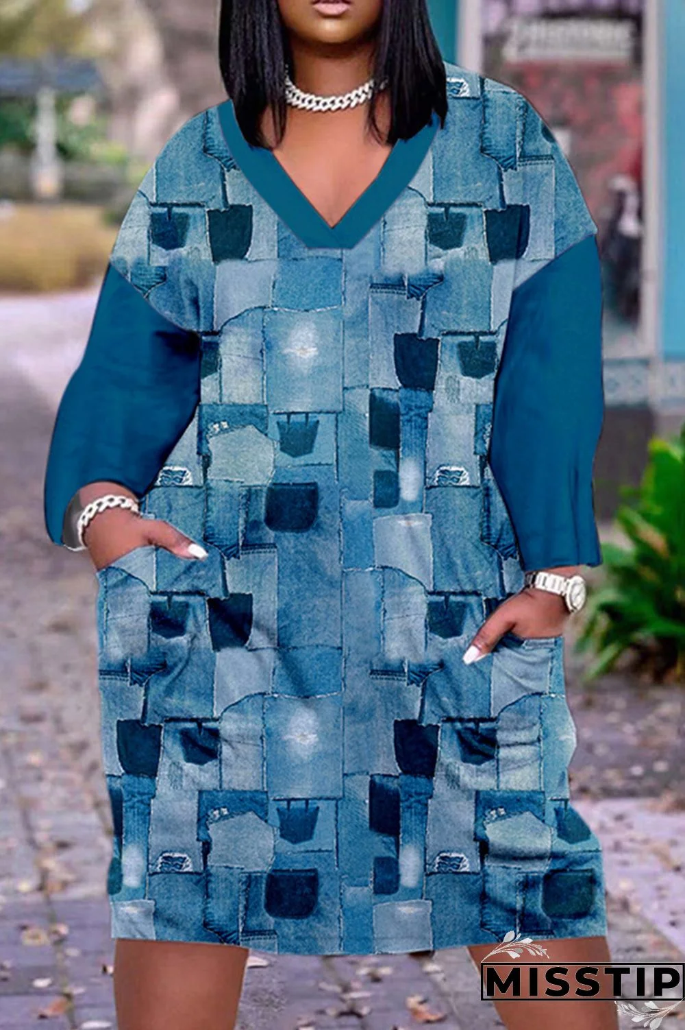 Blue Casual Print Patchwork V Neck Long Sleeve Dresses