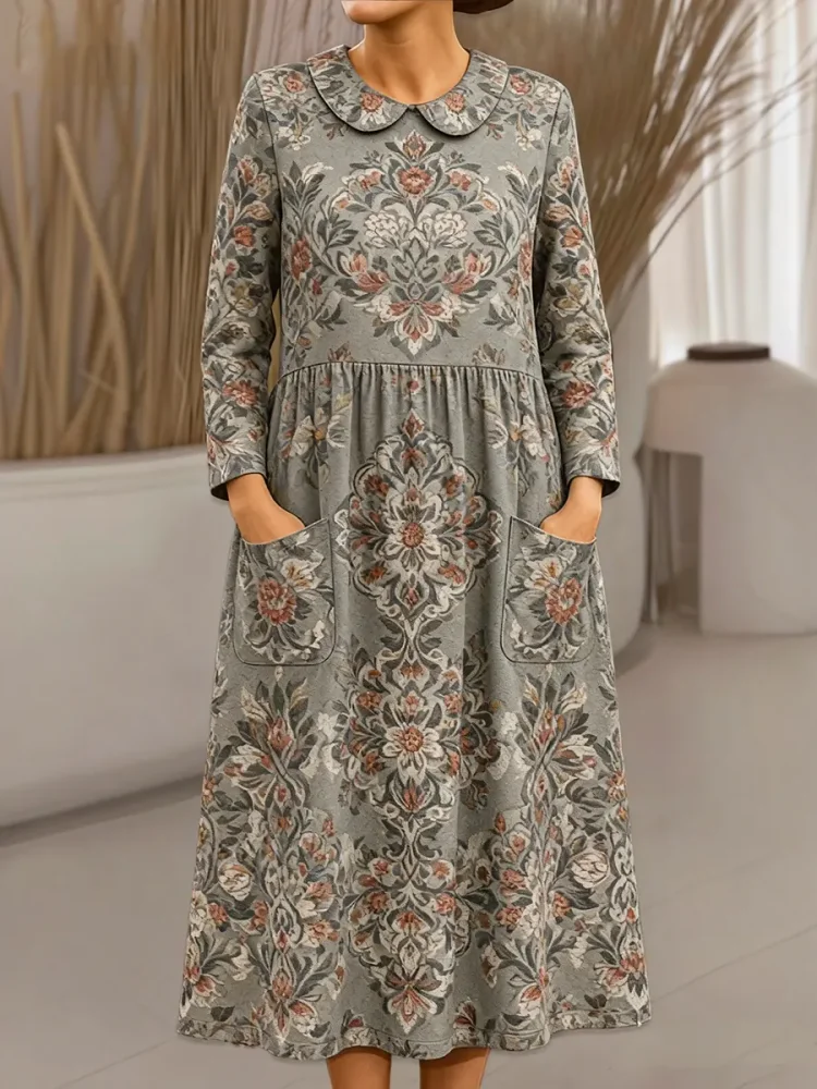 Women's Vintage Flower Pattern Art Print Cotton Lapel Shirt Dress