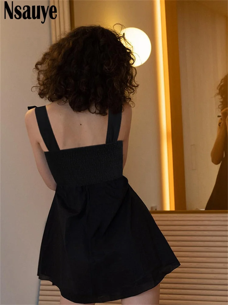 Nsauye Summer Casual Women Kawaii Lace Up Sleeveless Slim A-Line Dress Sexy Party White Bodycon Mini Dress Elegant Princess 2022