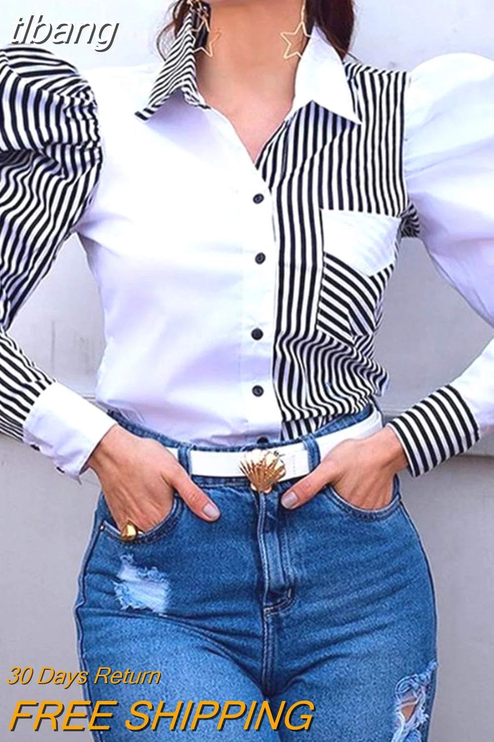 tlbang Woman Blouses Shirt 2023 Striped Colorblock Puff Sleeve Buttoned Skinny Shirt Casual Clothing T-Shirts Pullover Tops