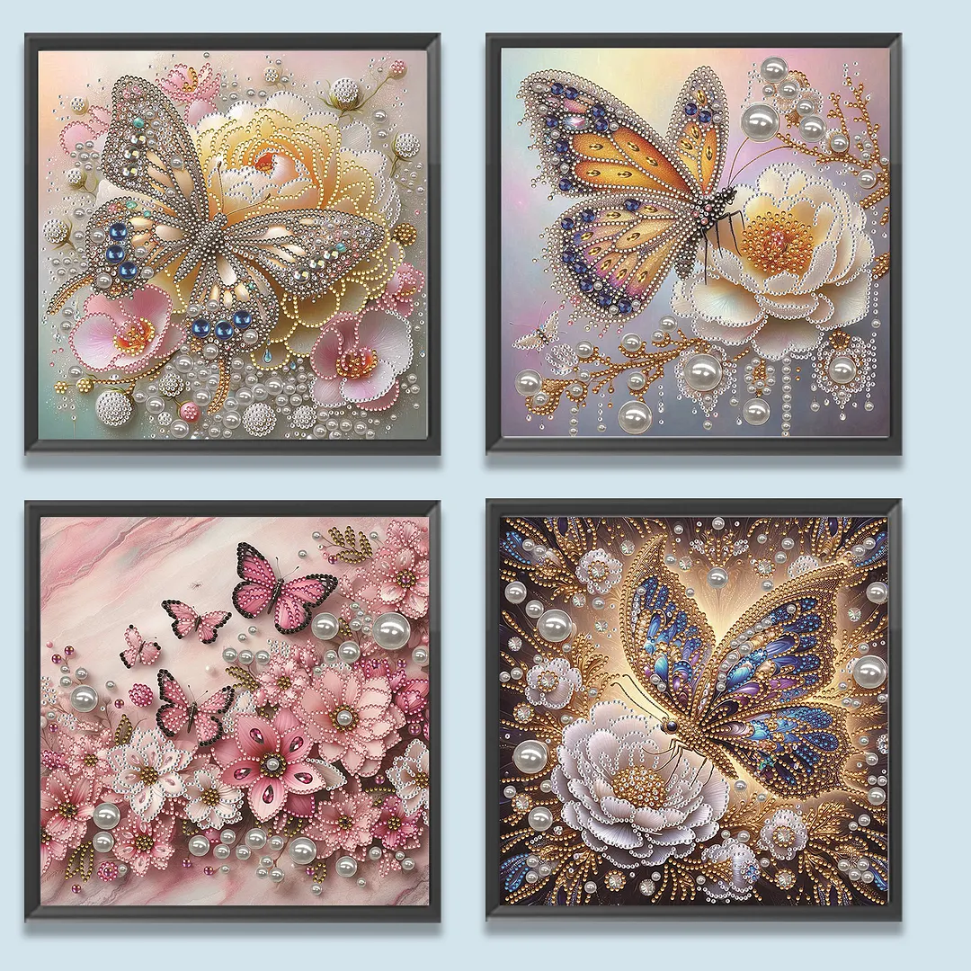 4pcs Pearl Butterfly Special Shaped 5D DIY Partial Drill Diamonds Dots Gem Art Kits for Adults Beginners Home Decor Diamonds Paintings Gem Art 30x30cm