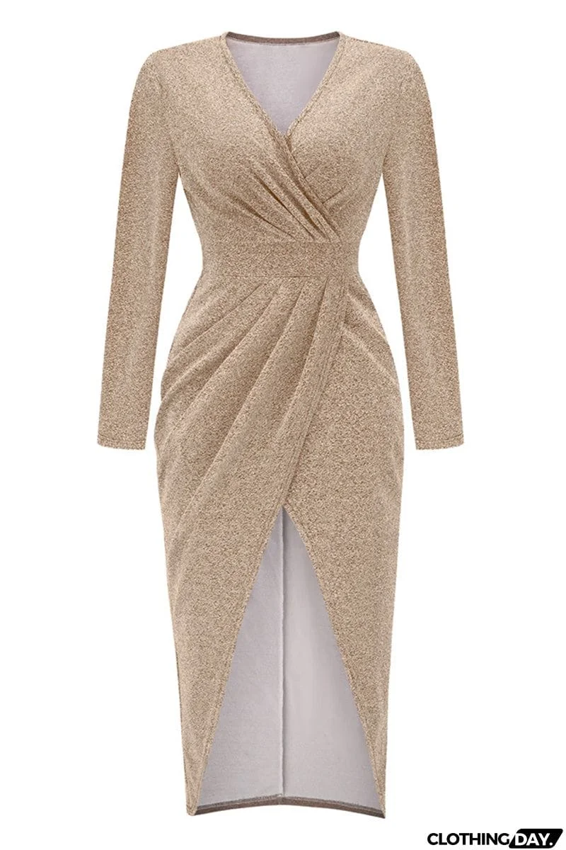 Sweet Elegant Solid Bronzing Sequins V Neck One Step Skirt Dresses(3 Colors)