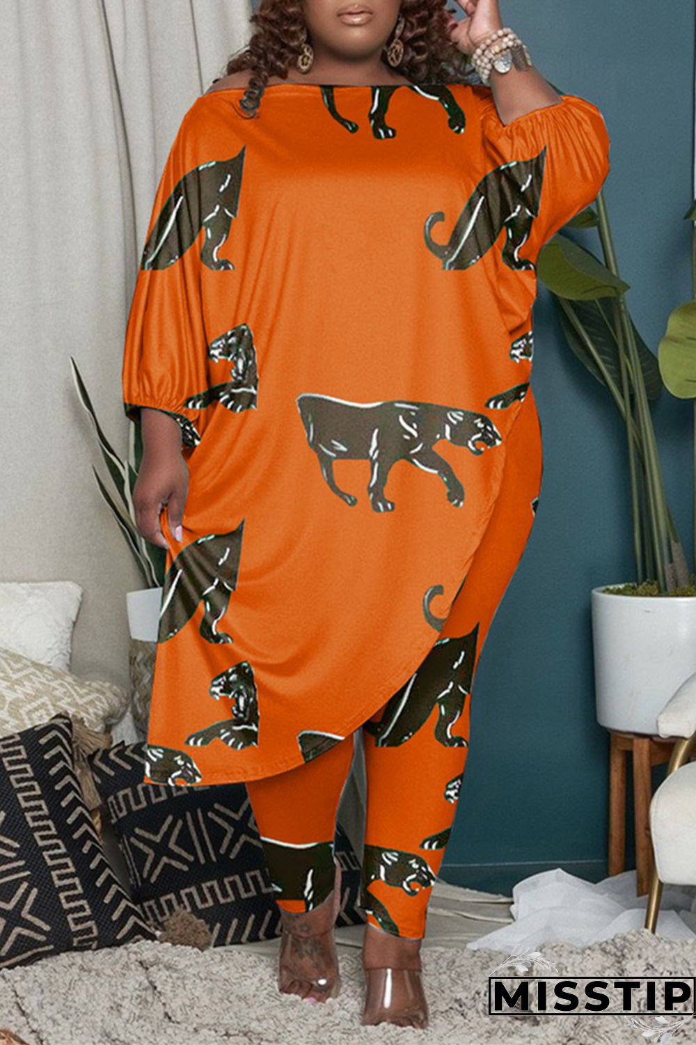 Orange Fashion Casual Print Asymmetrical O Neck Plus Size Two Pieces