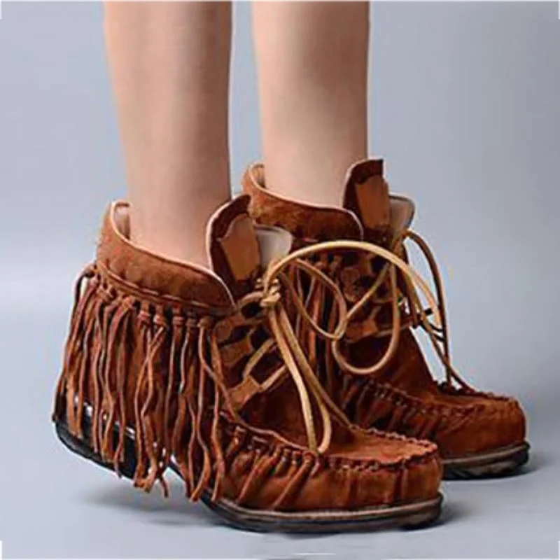 Casual Lace-Up Fringed Boots
