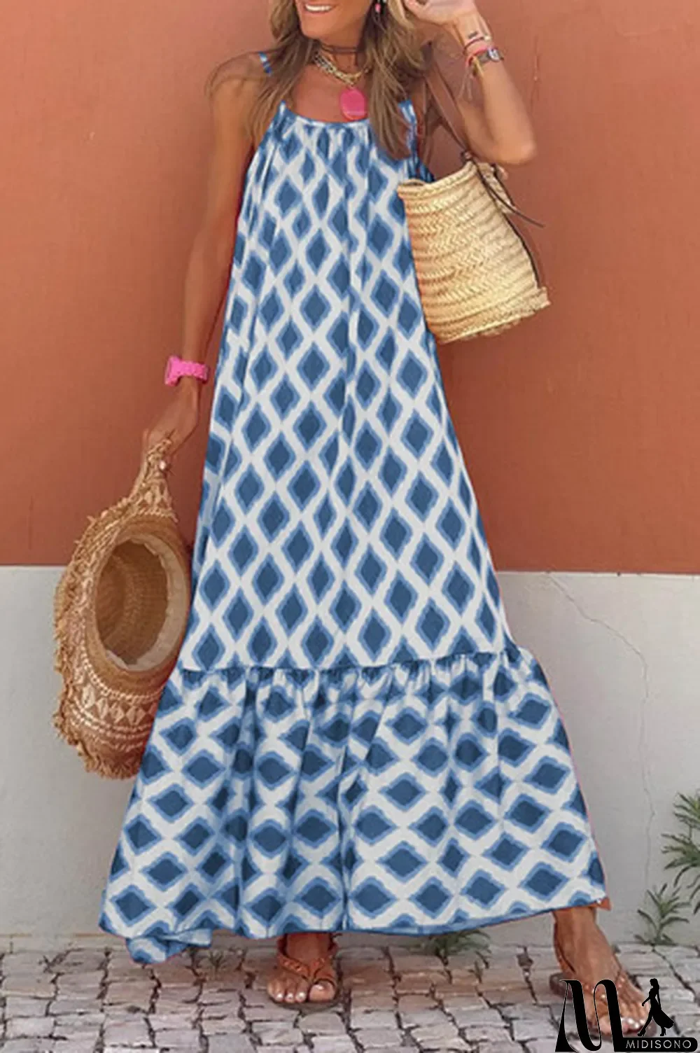 MidiSono - Blue Geometric Print Loose Fit Sleeveless Maxi Dress