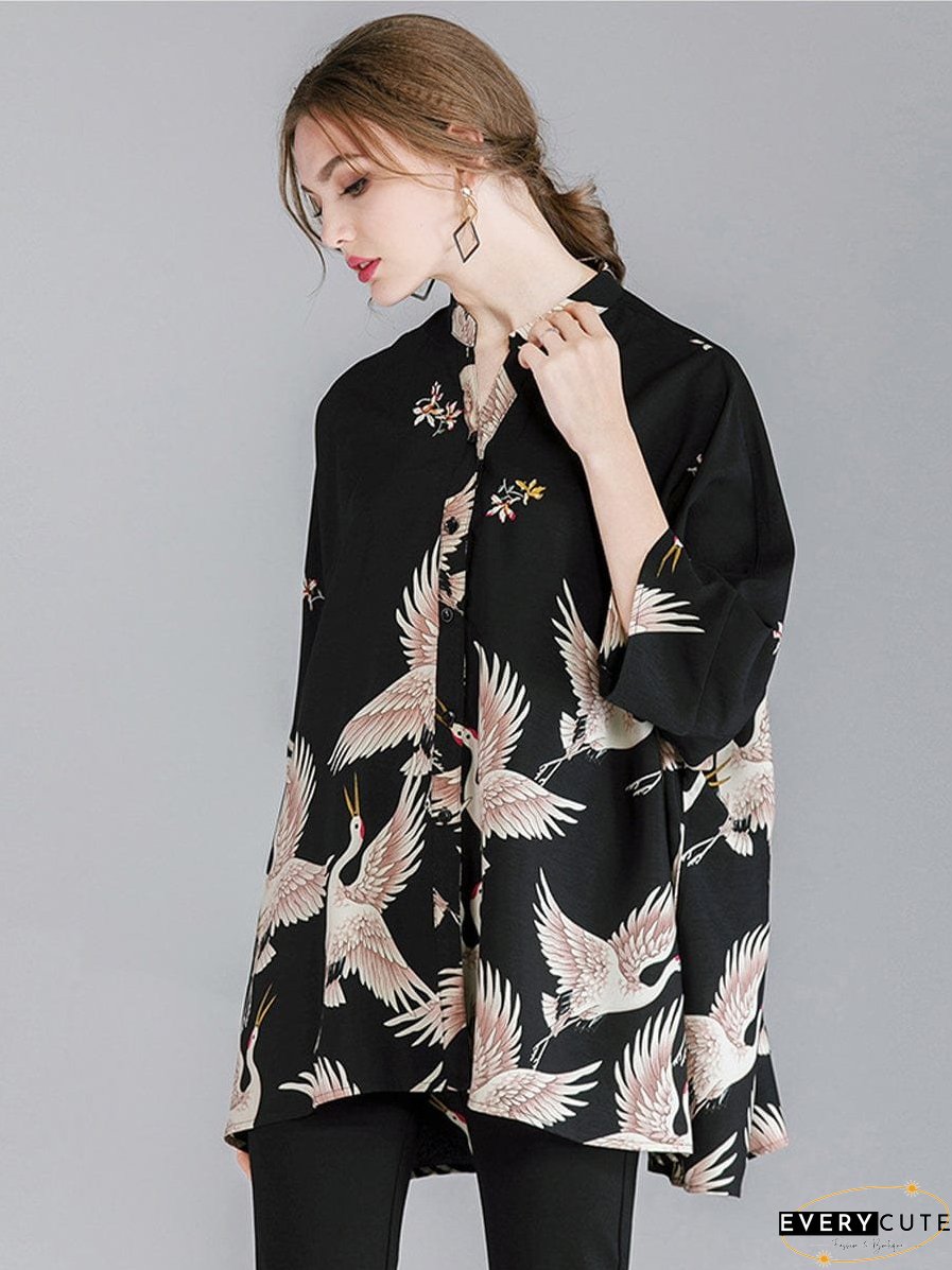 Size Curve Blouses Crane Print Loose Oversized Blouse