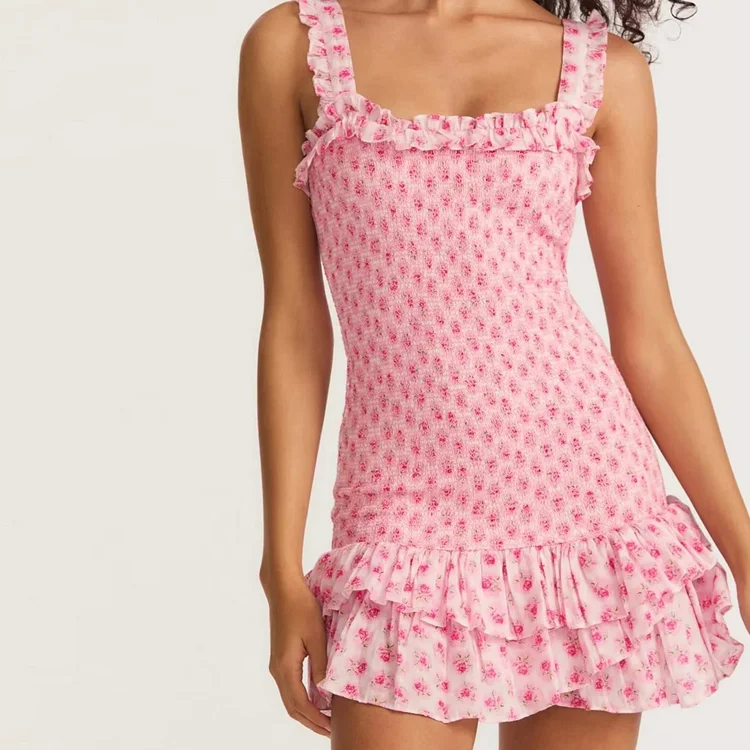 Pink Ruched Bodycon Ruffled Mini Dress QueenFunky