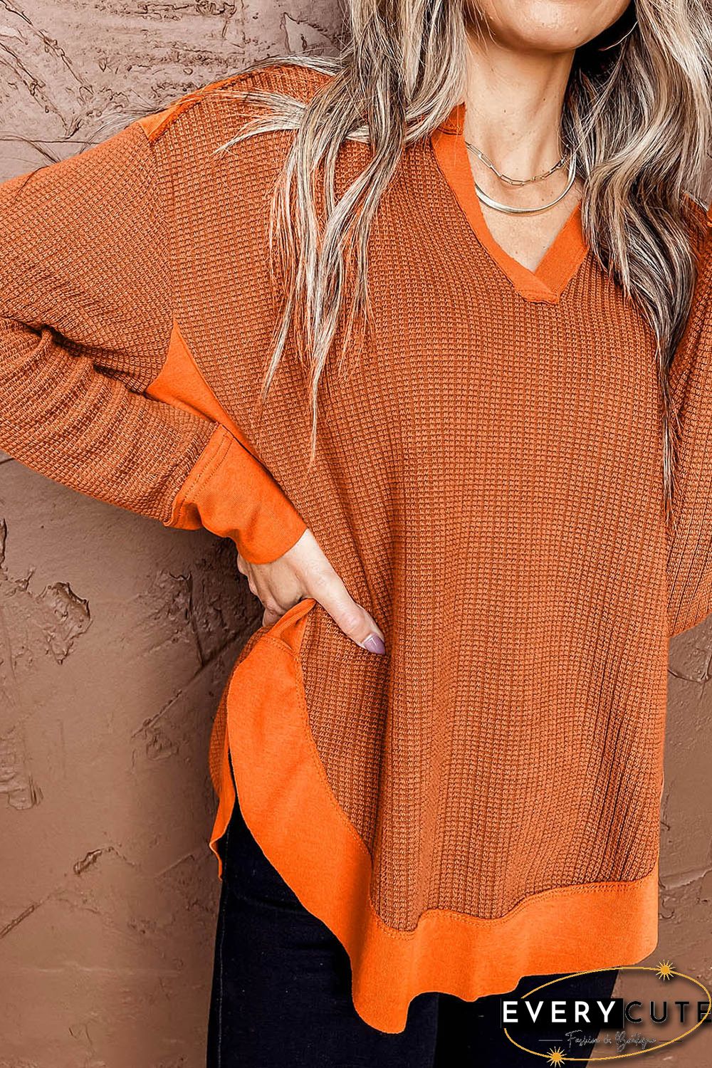 Orange Waffle Knit Patchwork V Neck Long Sleeve Top