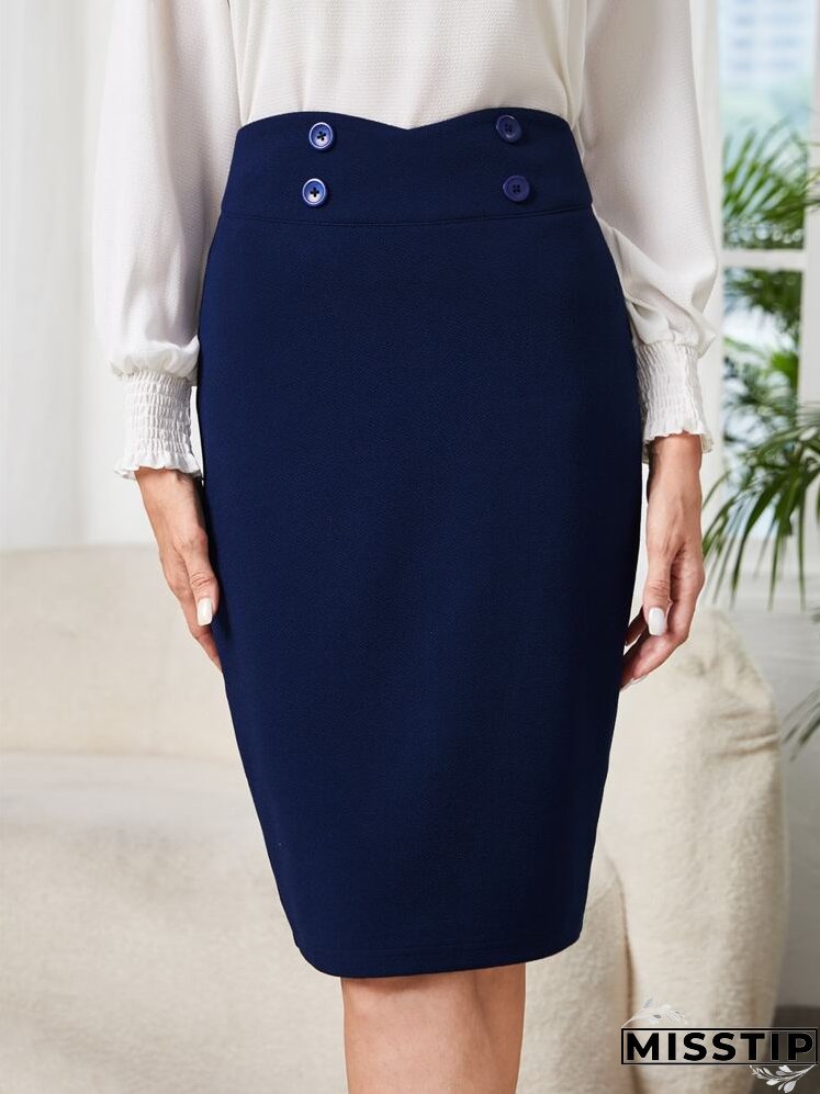 Asymmetrical Waist Fake Button Slit Back Skirt