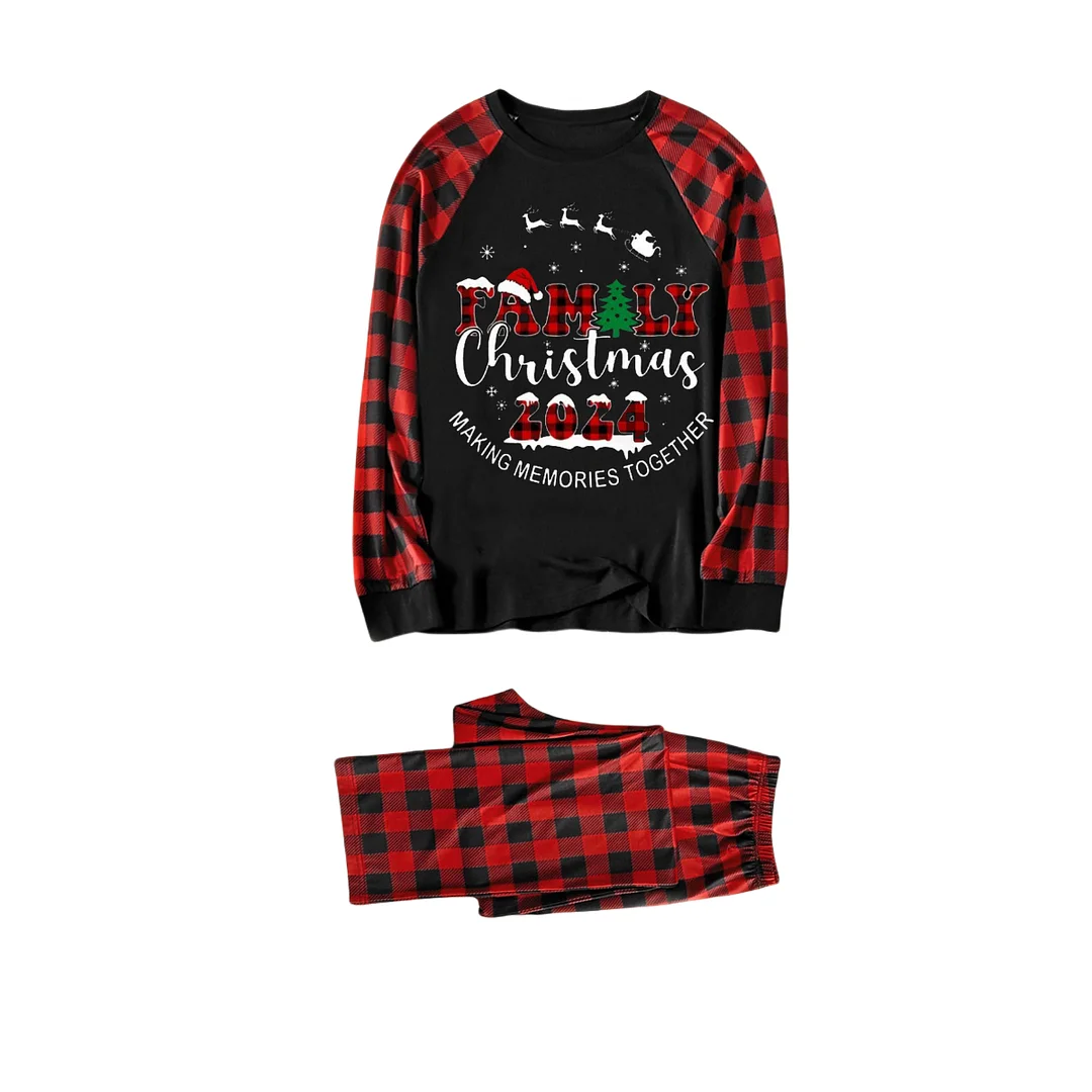 Cute Elk and "2024 Family Christmas" Text Print Black & Red Plaid Christmas Matching Pajamas