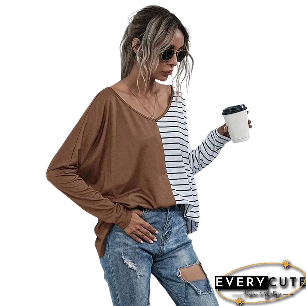 Khaki Stripe Contrast Long Sleeve Tops