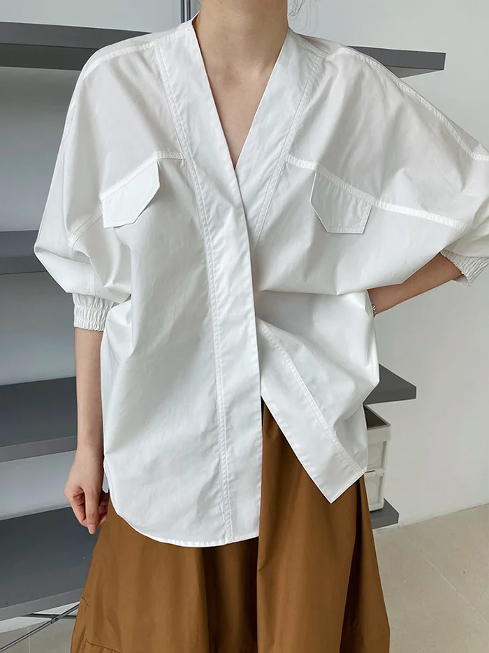 Trendy Batwing Sleeves Solid Color V-Neck Blouses