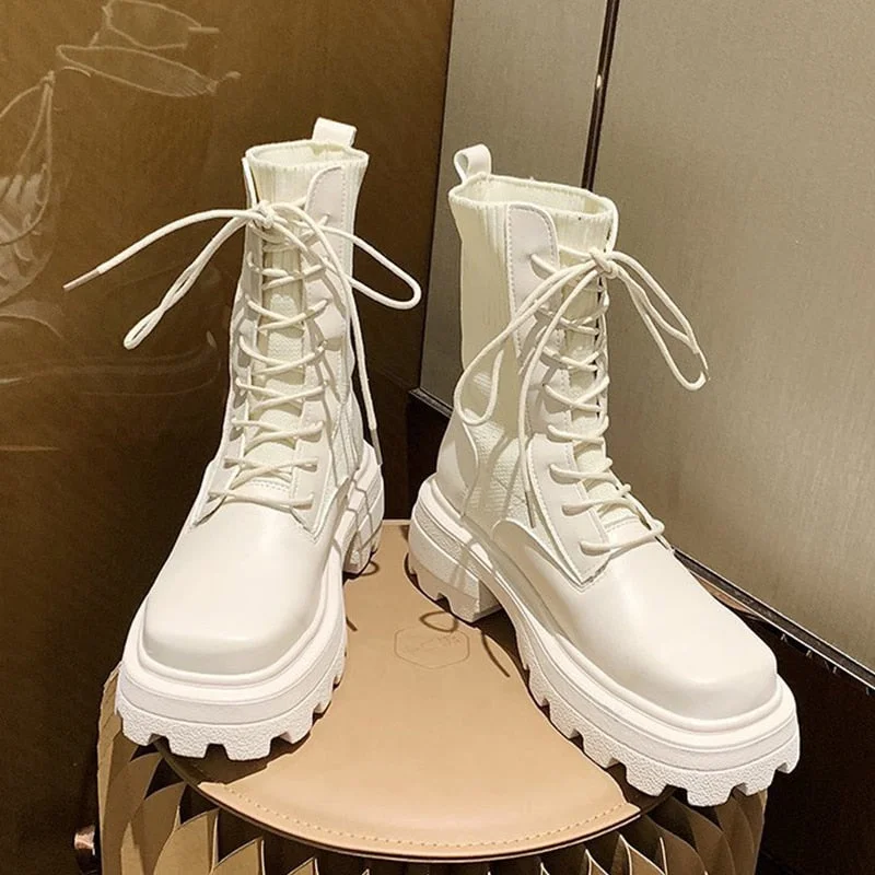 Punk Gothic Platform Boots Women Beige Black Sock Boots 2021 New Sexy Lace Up Black PU Leather Combat Mid-Calf Boots Chunky Heel