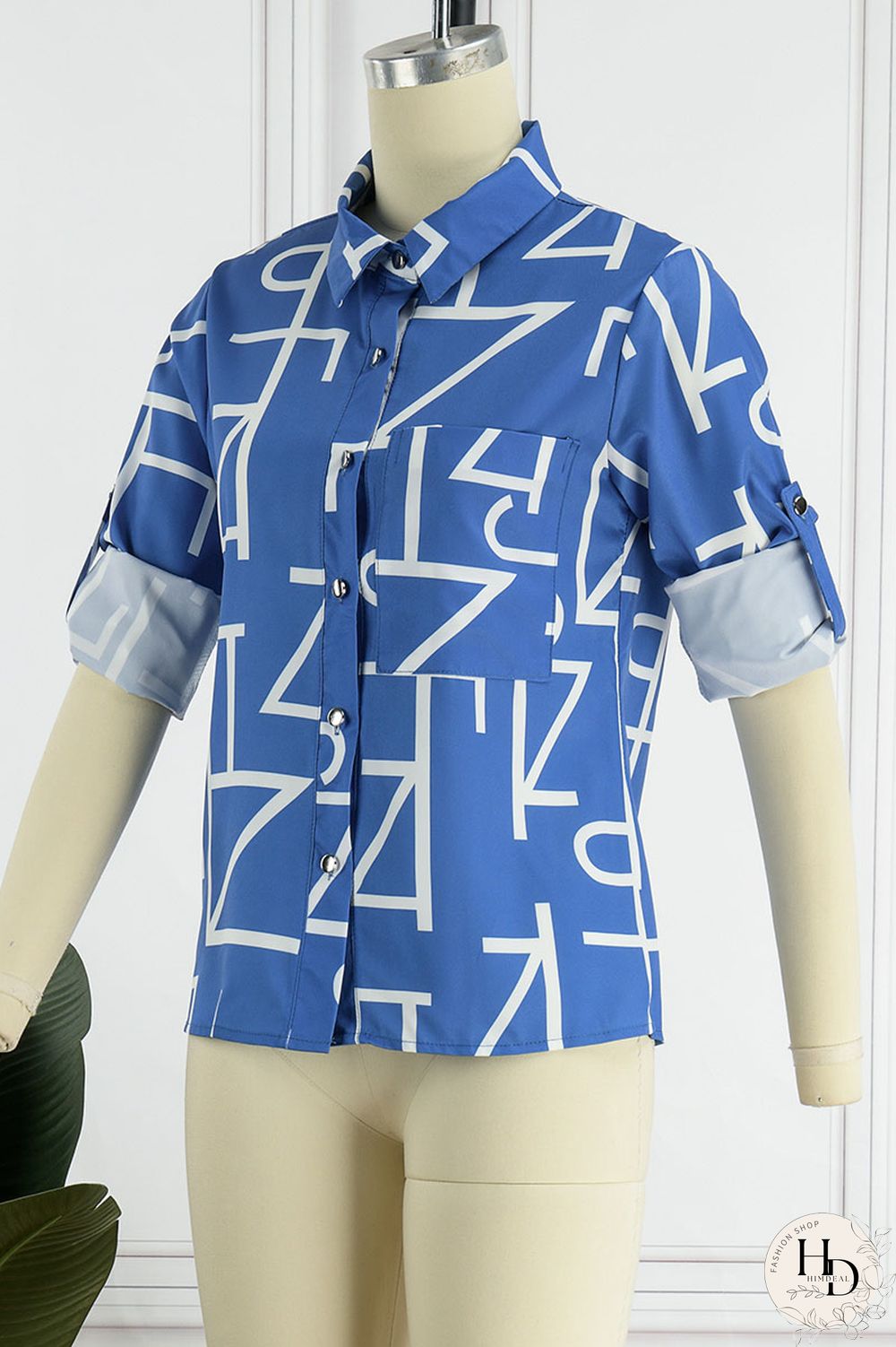 Blue Casual Print Patchwork Buckle Turndown Collar Tops