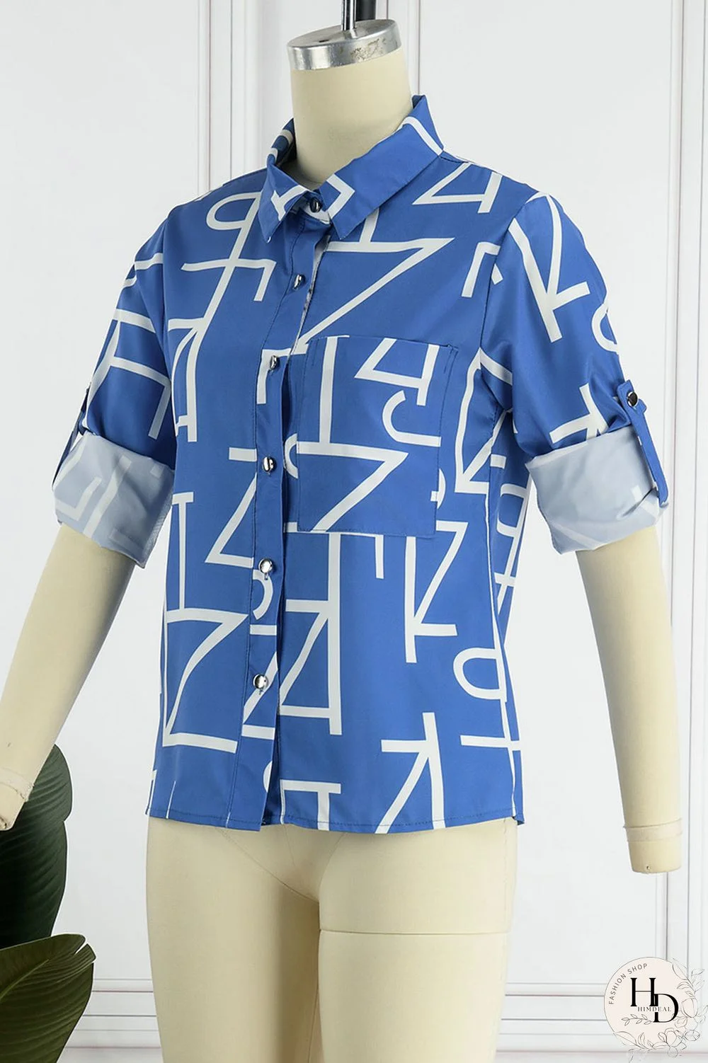 Blue Casual Print Patchwork Buckle Turndown Collar Tops