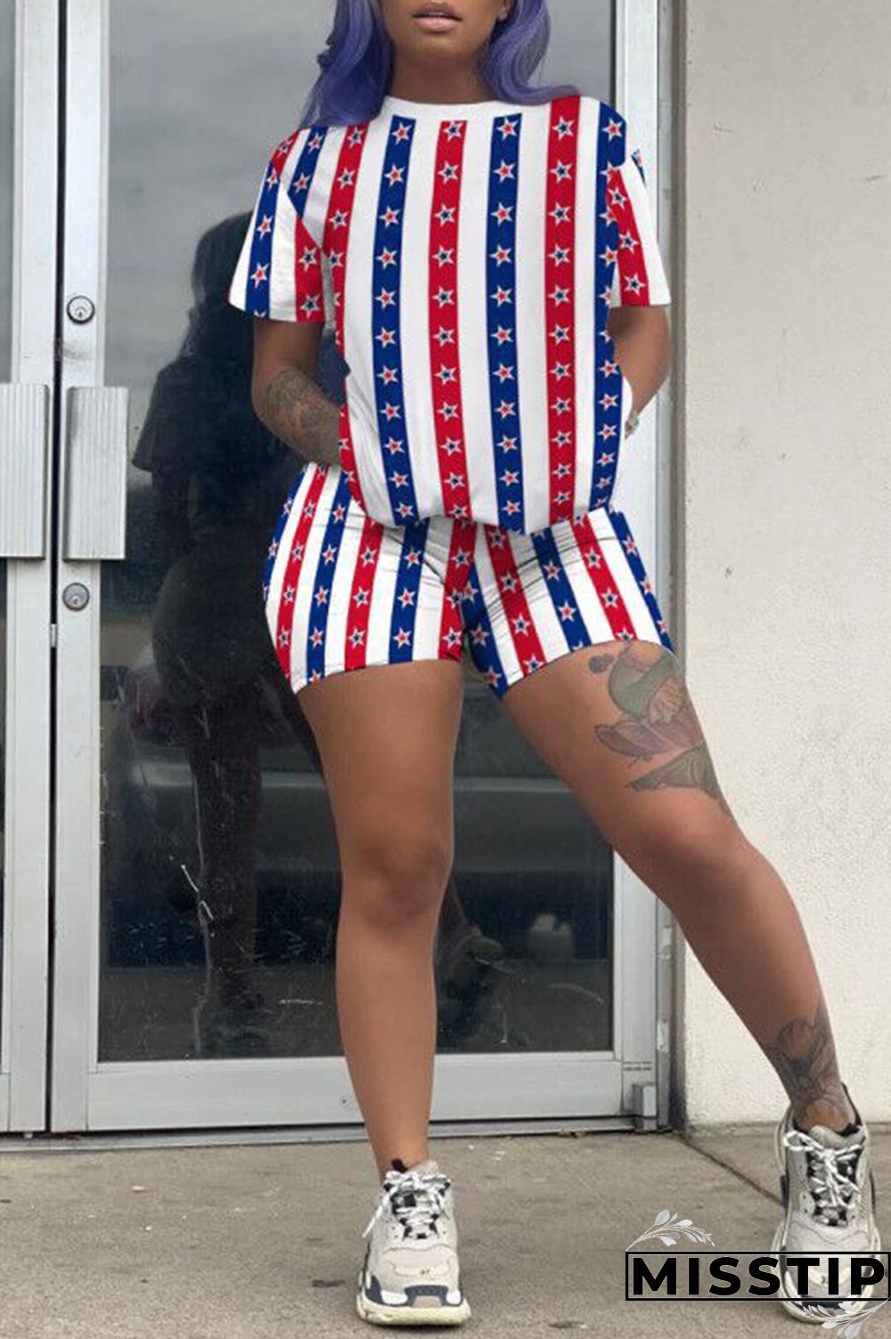 Red Fashion Casual Print Basic O Neck Short Sleeve Two Pieces