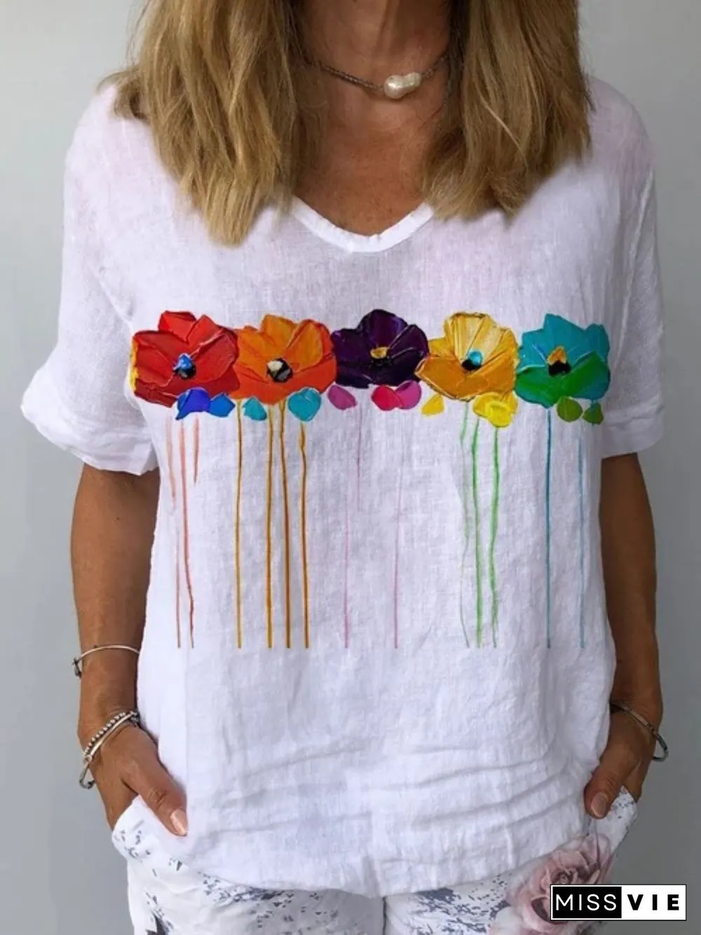Casual Floral V Neck Cotton Short Sleeve Loosen Floral Tops
