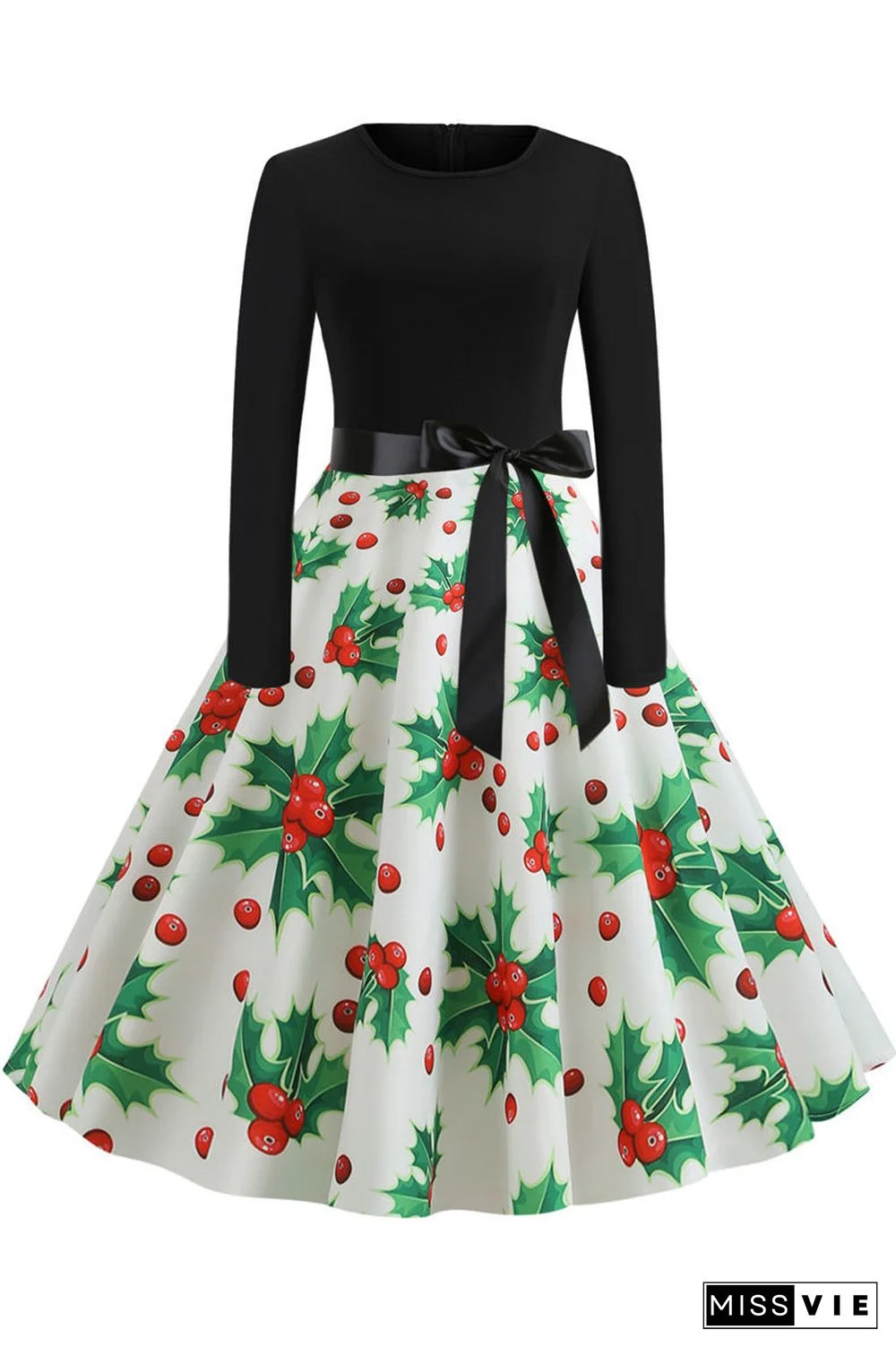 Christmas Printed Belt A-line Vintage Dress