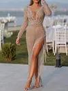 Sequinned Asymmetric Tasseled Split-Side Long Sleeves V-Neck Evening Dress