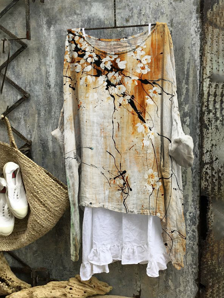 Comstylish Vintage Ink Flower Print Linen Blend Tunic