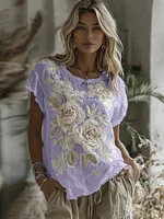 Women's Vintage Floral Art Linen Blend Comfy T-shirt - Image 5