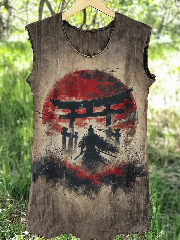 Men's Japanese Samurai Art Print Distressed Tank Top