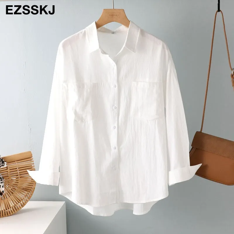 2021 new chic casual loose cotton blouse shirt women female white blouse shirt  spring summer women oversize shirt top