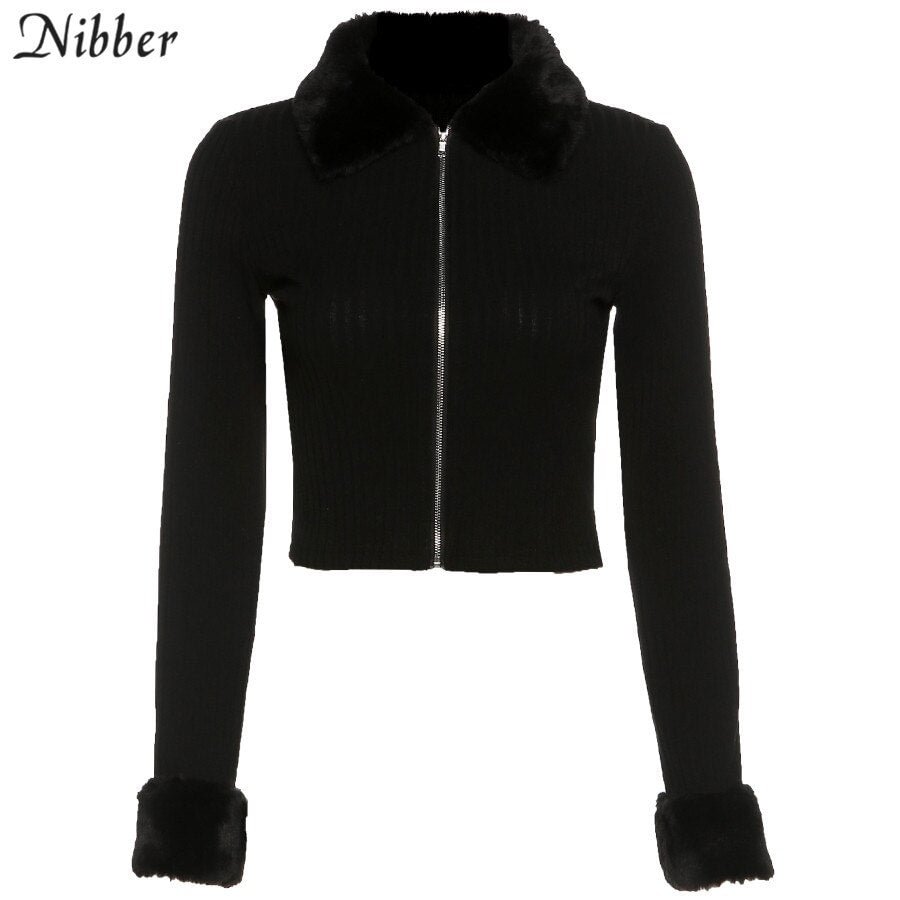Nibber College Wind Faux Fur Zip Top Cardigan Sweater For Womens Fall Winter Harajuku Style Young Elegant Tops Streetwear Female