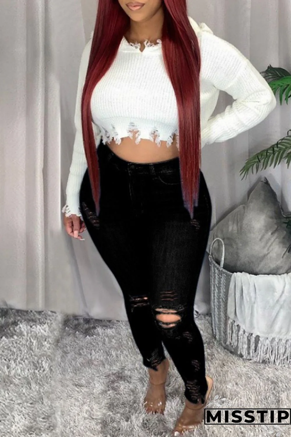 Black Fashion Casual Solid Ripped Plus Size Jeans