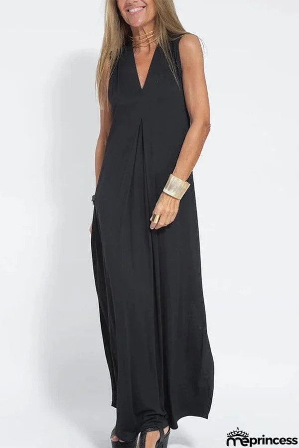 Women Casual Solid Color Sleeveless Maxi Dress