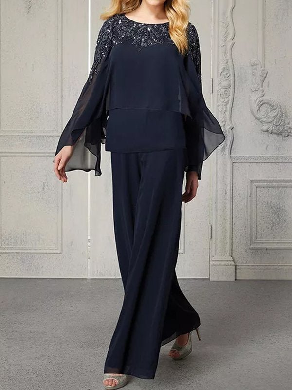 Round Neck Long-Sleeved Top And Trousers Suit