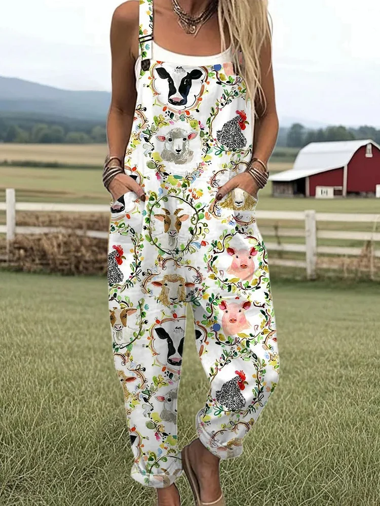 Women's Vintage Animals Art Print Casual Wide Leg Jumpsuit