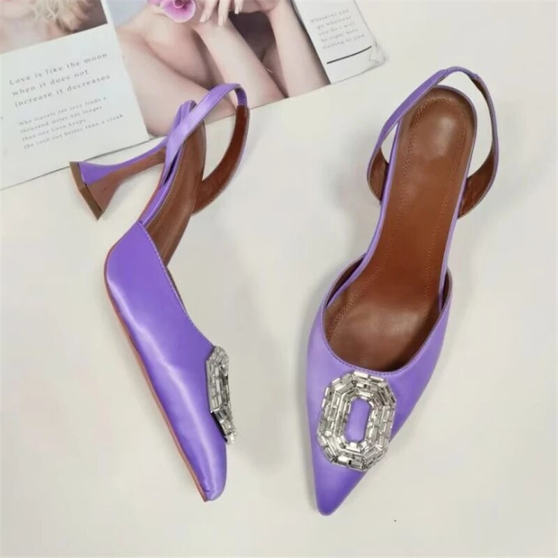 VCSHOES Crystal Rhinestone Buckle Sandals Women Pointed Toe Satin High Goblet Heel Slim Party Shoes