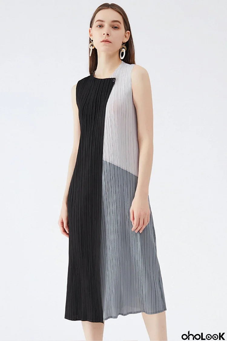 Colorblock Full Pleated Sleeveless Maxi Dress