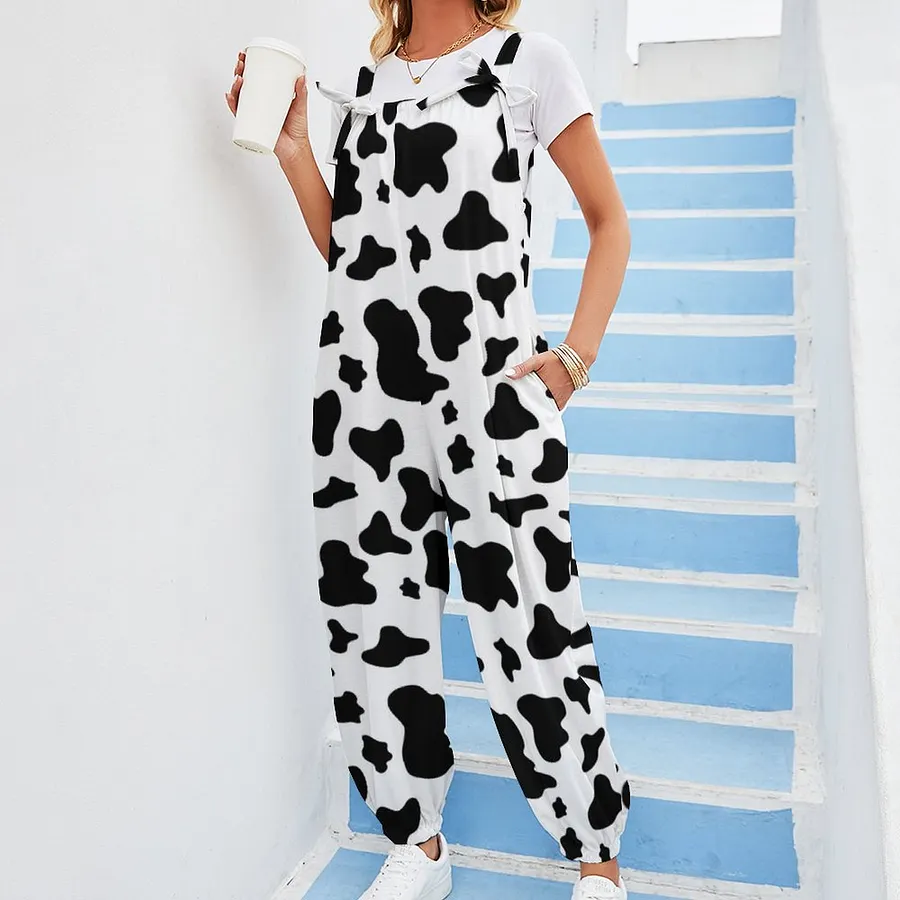 Black White Cow Print Women's Summer Casual Loose Wide Leg Rompers Jumpsuit with Pockets, Belted Boho Style, 95 5