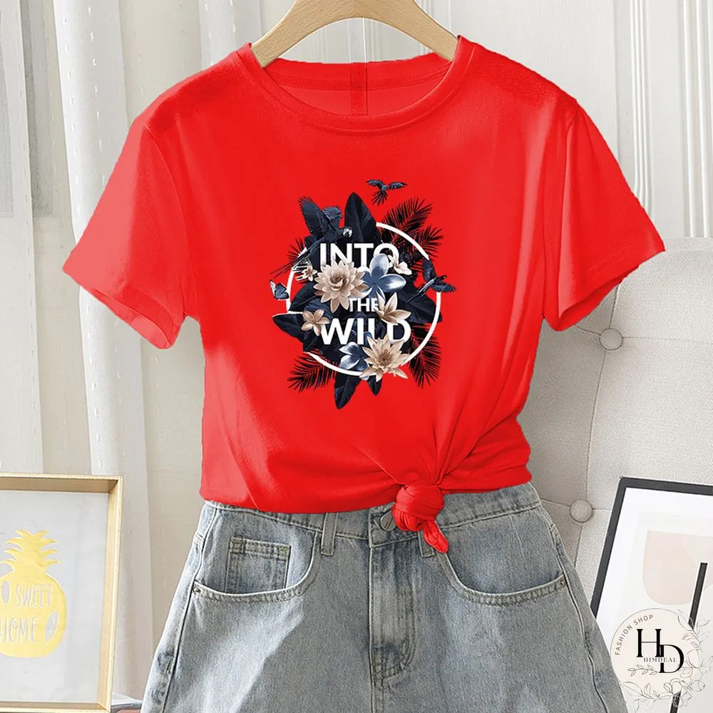 Womens Fashion Short Sleeve Summer Casual Regular T-Shirt Letter Flower Print Ladies