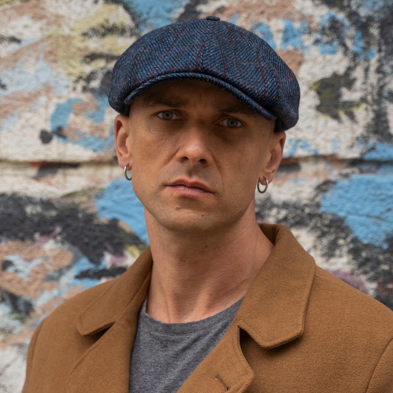 SHELBY Harris Tweed Genuine Scottish 8 Panels Newsboy PEAKED  Cap Applejack Bandit Hooligan Gangster Wool Ivy League Hat BLUE-RED