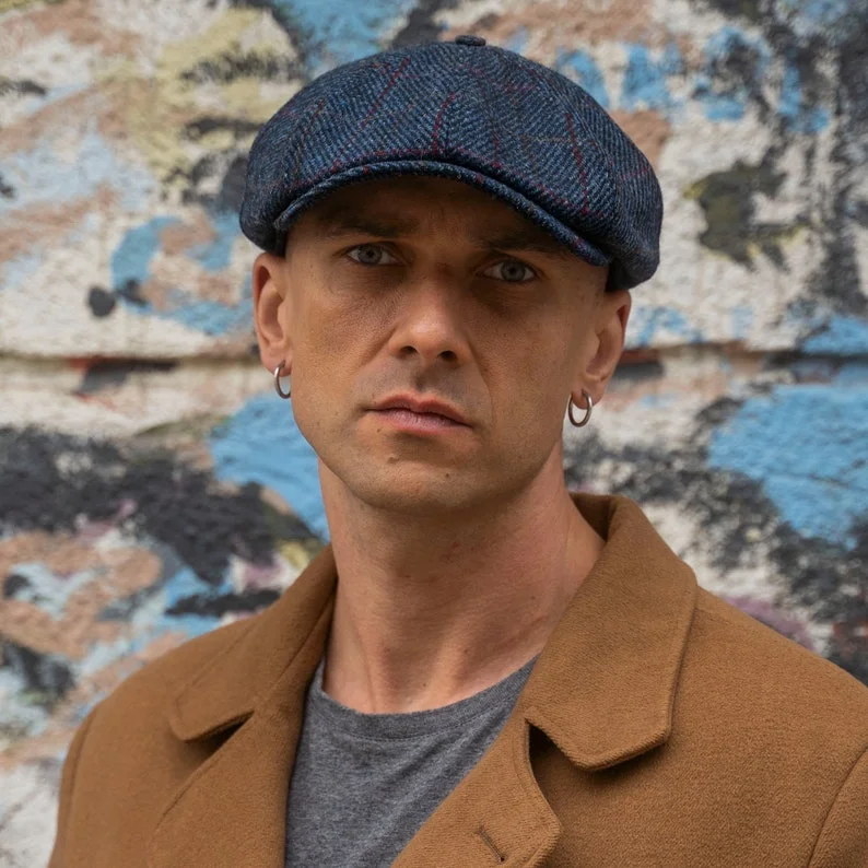 SHELBY Harris Tweed Genuine Scottish 8 Panels Newsboy PEAKED  Cap Applejack Bandit Hooligan Gangster Wool Ivy League Hat BLUE-RED