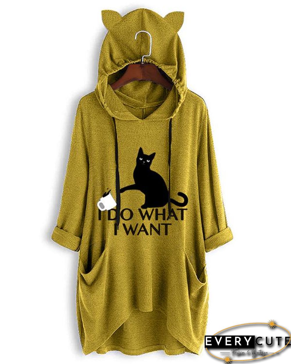 I DO WHAT I WANT Cute Cat Print Irregualr 3/4 Sleeve Plus Size Hoodie