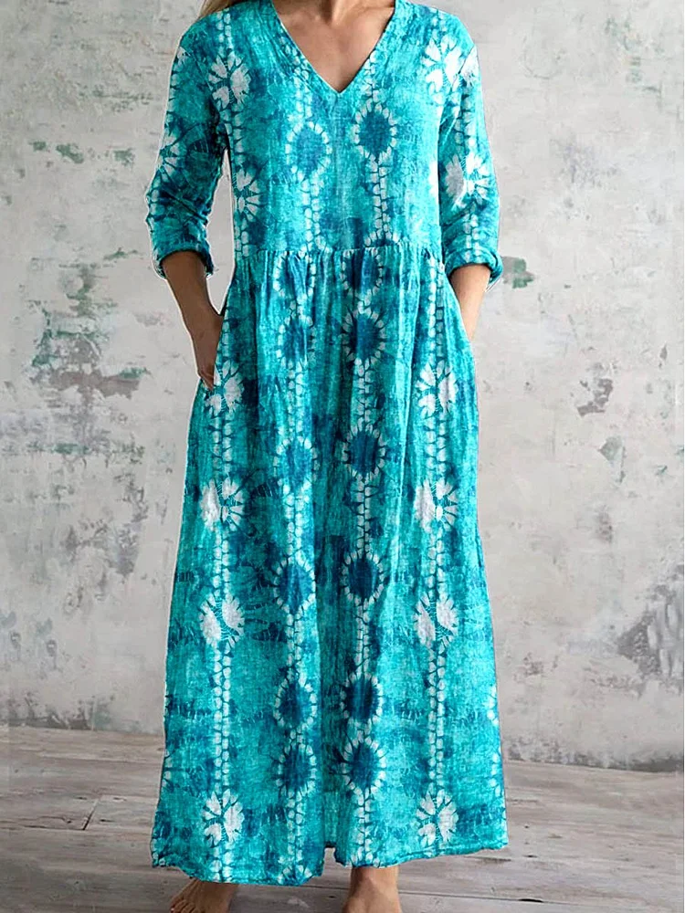 Women's V-Neck Tie Dye Printed Dress With Pockets