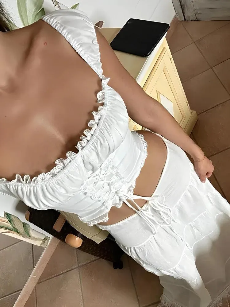 Brownm Lace Up Crop Top & Maxi Skirt Two Piece Set