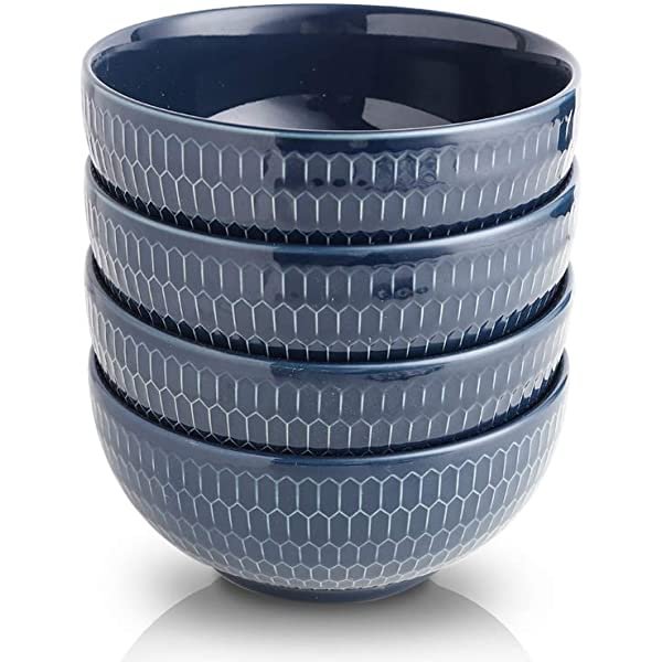 KOOV 24 Ounce Soup Bowl Set, Porcelain Cereal Bowls Microwave And Dishwasher Safe, Kitchen Bowls For Oatmeal Breakfast, Chip, Rice, Ceramic Bowls Set of 4 (Blue Series)