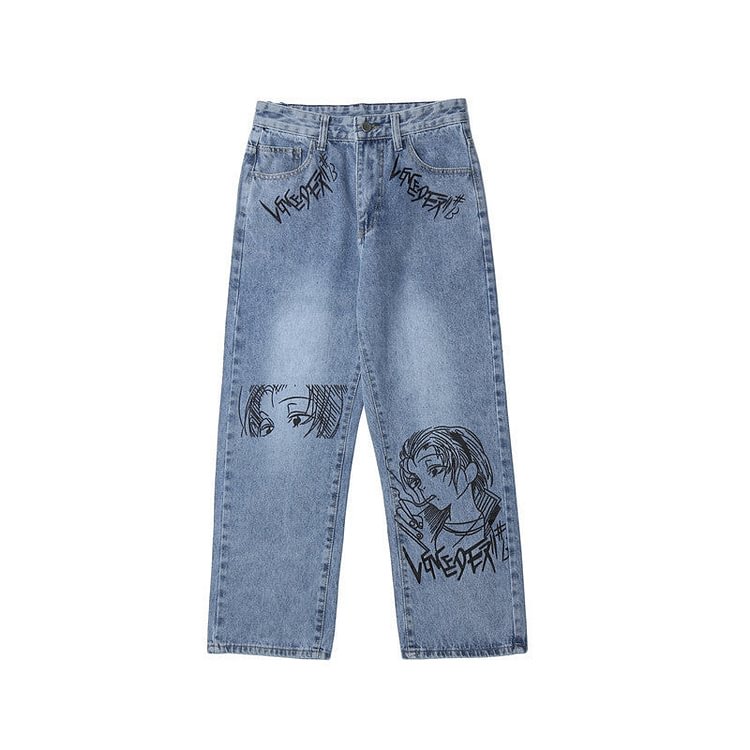 Cartoon Printed Jeans Men's Hip Hop Personality Street Trendy Trousers plus Size Retro Sports Loose Men Denim Pants