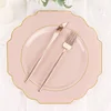 10 Pack | 11" Blush/Rose Gold Hard Plastic Dinner Plates, Disposable Tableware, Baroque Heavy Duty Plates with Gold Rim
