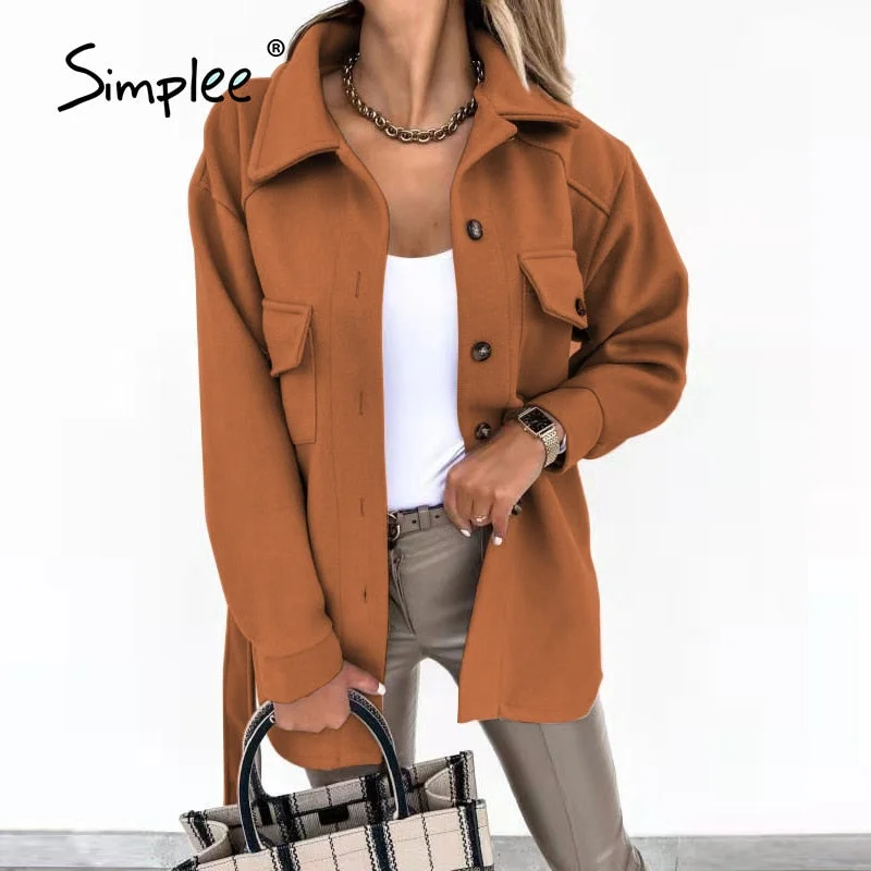 Simplee Office lapel jacket women autumn winter  Casual long sleeve female top coat black white  Fashion business shirt jackets